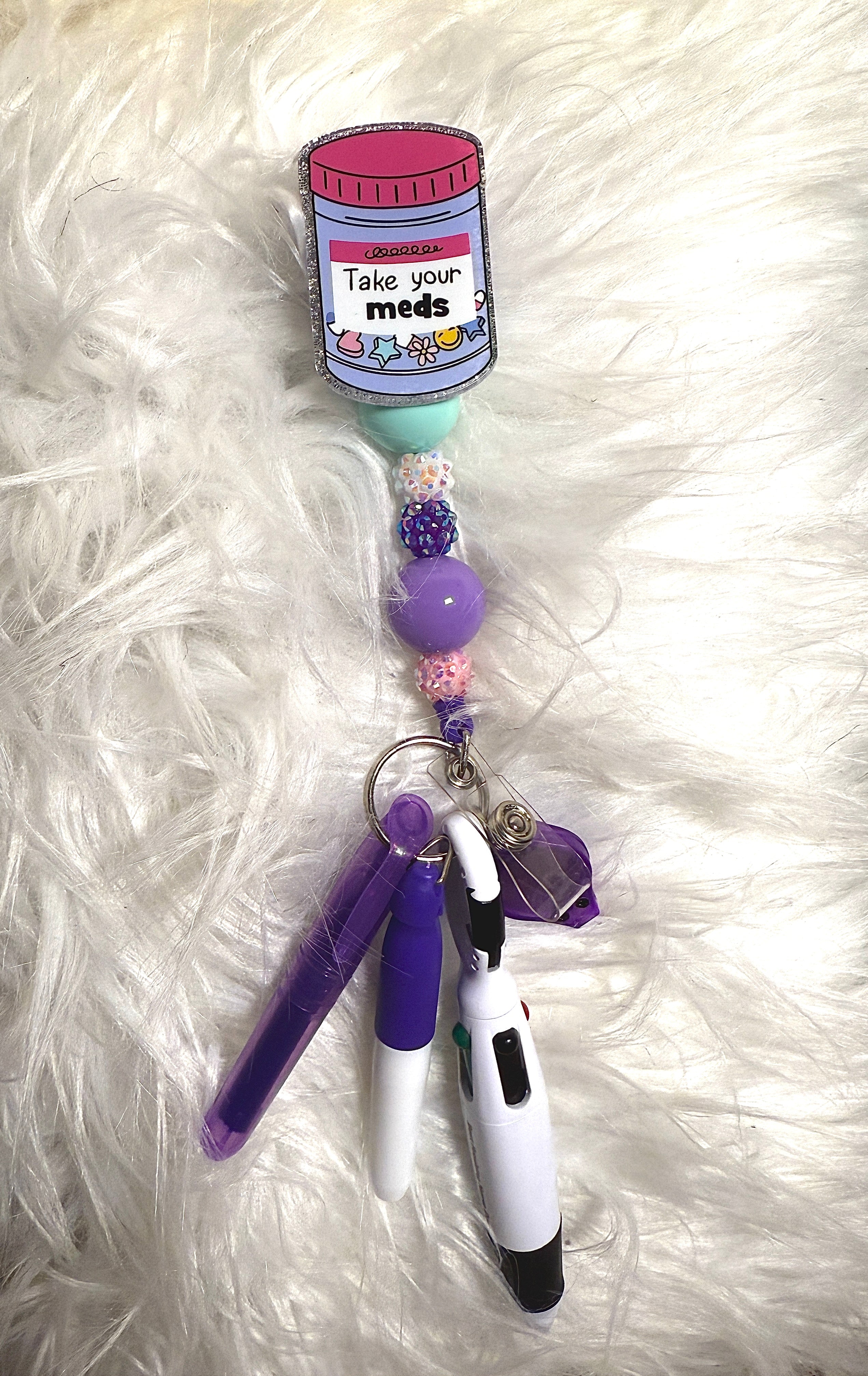 Custom Beaded “Take Your Meds” Badge Reel