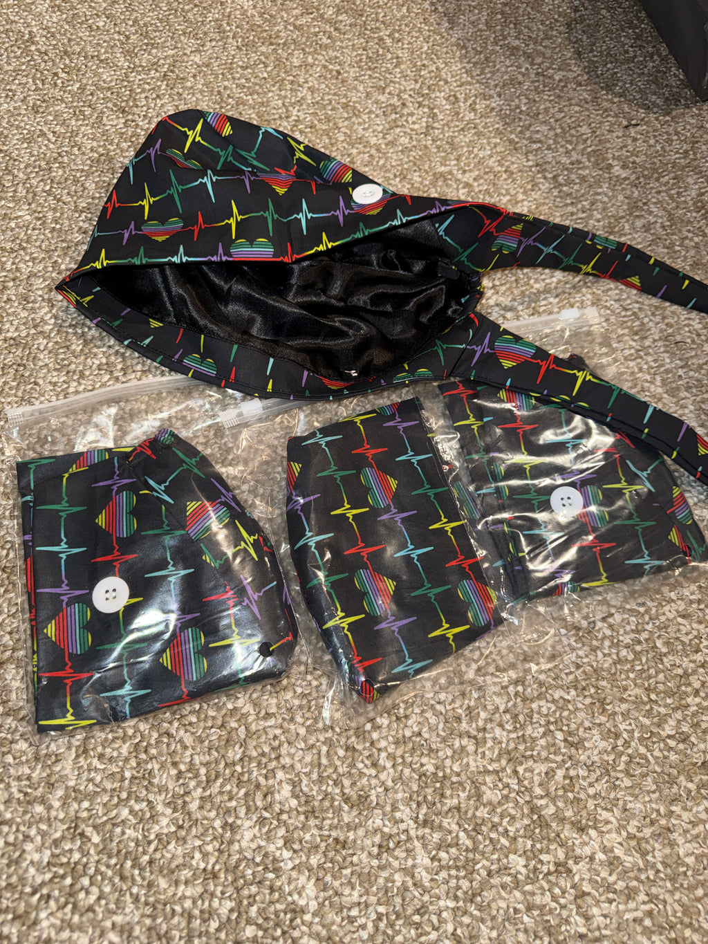 Black EKG Satin Lined Scrub Cap