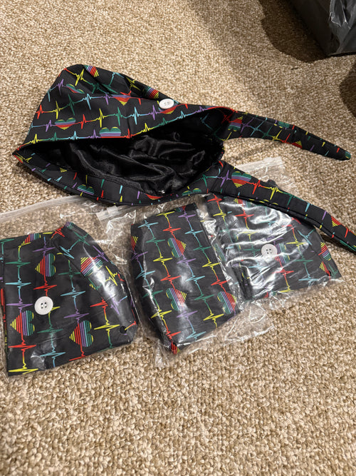 Black EKG Satin Lined Scrub Cap